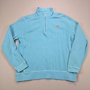 Tommy Bahama Mens Light Blue Quarter Zip Pullover‎ Sweatshirt Orange Fish Logo M